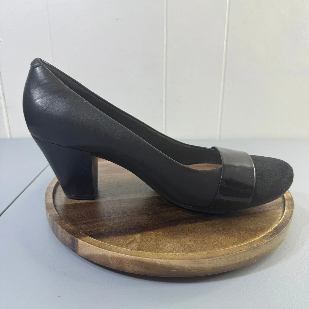 Clarks Collection Womens Black Leather Suede Block Heel Pumps Shoes US 8